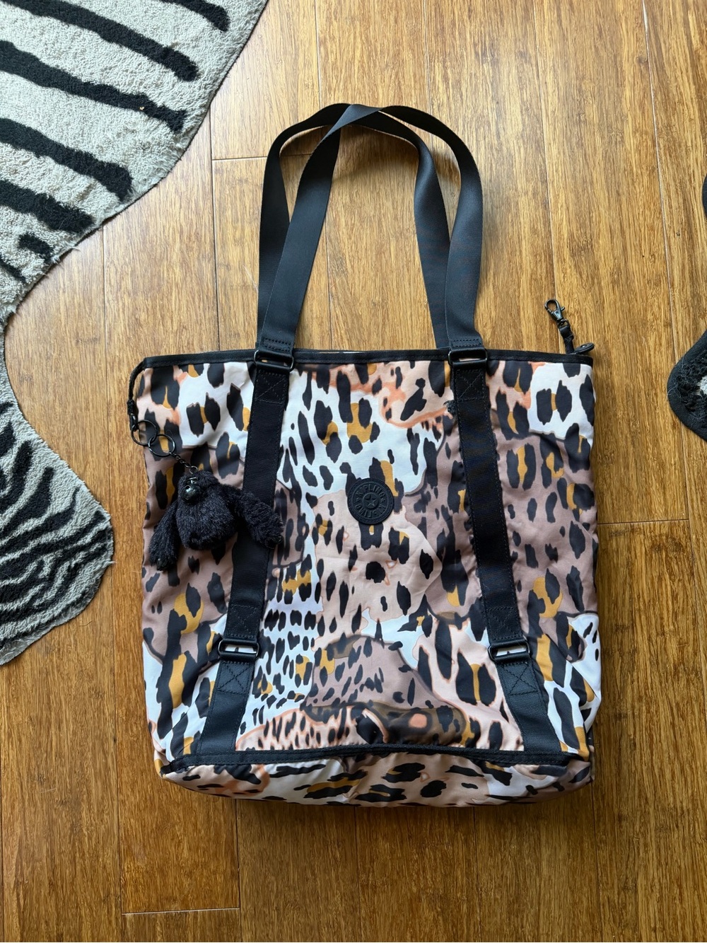 Kipling Multicolor Leopard Print Tote with Black Straps
